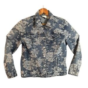 Chicos Denim Jacket Floral Print Blue White Distressed Button Front Size 1